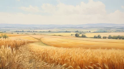 Gardinen Wheat field summer landscape. Detailed farm field scene. A serene, chilly landscape. Template for banner, cover. Realistic photo style. Simple cartoon design. oil painting. © Olena