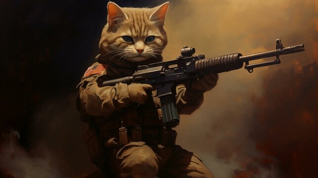 Cute soldier cats. A stern cat in military uniform and with a rifle. Holds a gun in his paw. Realistic style. Oil painting.