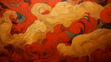Asian Abstract: Dynamic swirls of crimson and amber form an ornate, modern interpretation of traditional Eastern aesthetics, perfect as a vibrant and cultural background - obrazy, fototapety, plakaty