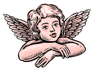 Naklejka premium Cute angel baby with wings. Heavenly child, vector illustration