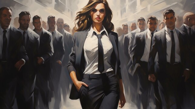 Business woman power, feminism. Crowd of men. Beautiful girl. Pin up. Template for advertising banner, flyer, cover. Place for text. Fantasy style. Oil painting. Realistic photo style.
