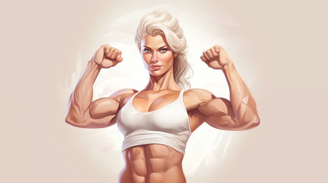 Woman power, feminism. Beautiful woman. Pin up. Template for advertising banner, flyer, cover. Place for text. Oil painting. Cute cartoon design. Realistic photo style. Fist raised.