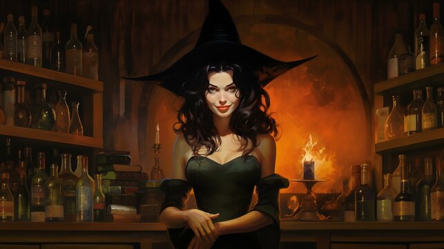 Witch, Beautiful woman. Halloween background. Pin up. Template for advertising banner, flyer, cover. Place for text. Fantasy style. Oil painting. Realistic photo style. Vintage retro style.