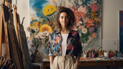 Artist standing in front of her painting studio.