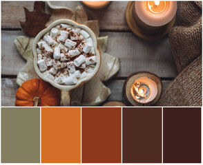 Design palette inspired by fall cozy atmosphere, delicious pumpkin latte with marshmallow. Designer pack with photo, swatches. Harmonious warm autumn colour combination orange, brown, yellow, beige