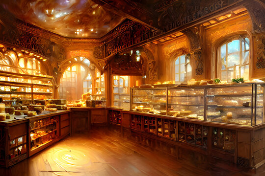 interior of an old-fashioned cake shop with pastries and cakes arranged on counters and shelves illuminated by warm lights