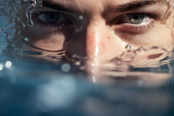 close up di occhi di un nuotatore mentre sta nuotando ed emerge dall'acqua