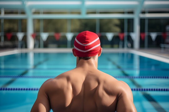 Nuotatore di spalle davanti alla piscina olimpica con cuffia bianca e rossa