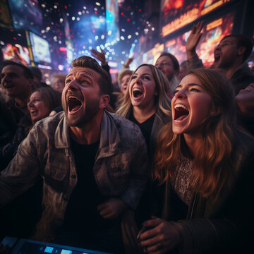 The image captures a living room scene where a family or friends gather around a television set tuned to the New Year's Eve broadcast. The screen displays the iconic Times Square Ball Drop in New York