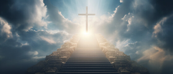 Stairway to heavenly light with a cross symbolizing resurrection and the entrance to heaven with skies and clouds. Generative AI