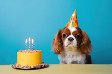 Funny dog a party hat and happy and energetic  with excitement, wagging in pure delight 