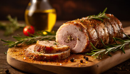 Sliced roast pork roulade, sprinkled with salt and pepper or seasonings, placed on a wooden