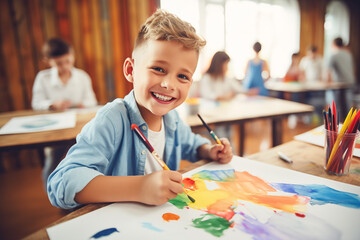 Happy school little boy multicolor painting a white paper. A paintbrush creative art and craft class at school.