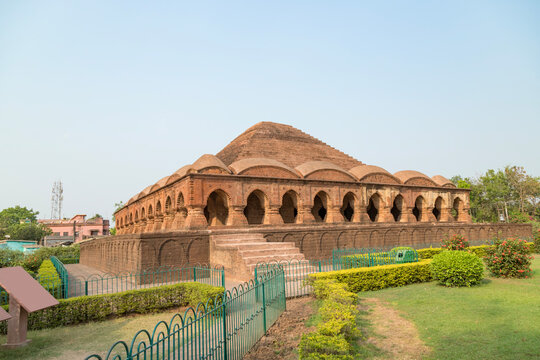 Ornately carved terracotta Hindu temple constructed in the 17th century Ras Mancha Interior walls of Ras Mancha, at bishnupur,west bengal India.