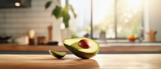 Avocado on the kitchen table against the kitchen background