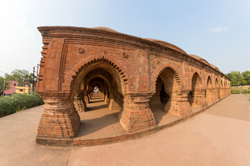 Ornately carved terracotta Hindu temple constructed in the 17th century Ras Mancha Interior walls...