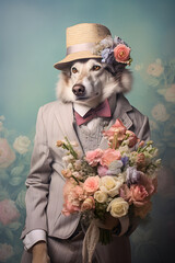 A dog in elegant suit holds fresh spring flowers and gives them away for Valentine's Day. Abstract concept. A dog stand like a human.