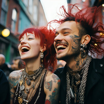 Guys and a girl with bright hair, tattoos and piercings laugh merrily, informal creative youth, close-up portrait