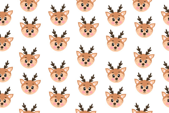 Seamless pattern with joyful cute christmas deer in flat style. Christmas holiday vector illustration of kawaii deers. Head of deer in childish style isolated on white background