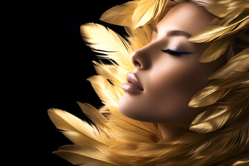 Fashion editorial Concept. Closeup portrait of stunning pretty woman with chiseled features, surround in gold shiny soft feathers boa. illuminated dynamic composition dramatic lighting. copy space

