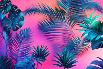 Fototapeta na wymiar Tropical and palm leaves in vibrant bold gradient holographic colors. Concept art. Minimal surrealism