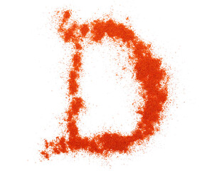 Red paprika powder alphabet letter D, symbol isolated on white, clipping path