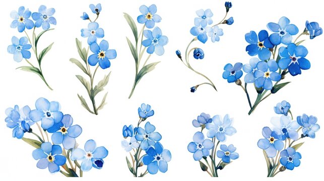 set of forget-me-not flowers on white background, watercolor illustration