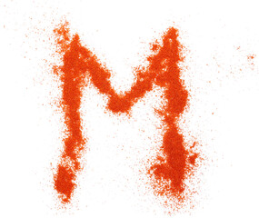 Red paprika powder alphabet letter M, symbol isolated on white, clipping path - obrazy, fototapety, plakaty