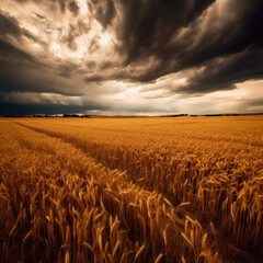  A sprawling wheat field under a stormy sky exuding
