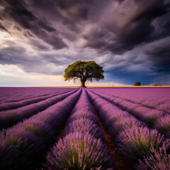  A sprawling field of lavender with a solitary tree
