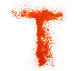 Red paprika powder alphabet letter T, symbol isolated on white, clipping path