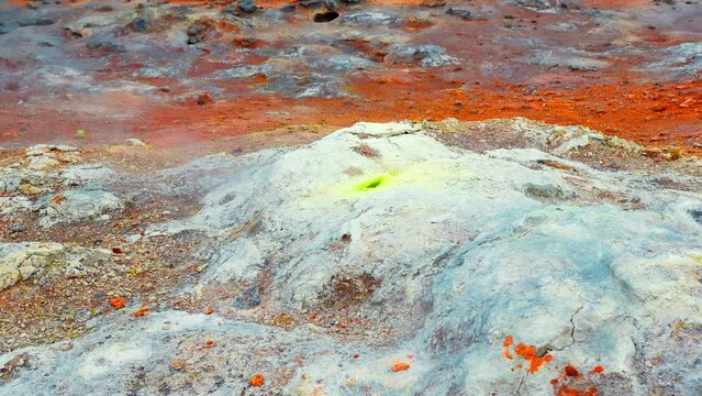 Geothermal Area in Iceland. Martian landscape at Sulfur Valley with Smoking Fumaroles. Famous tourist spot Hverir. Real Volcanic Activity near Myvatn lake. Evaporating water. Aerial view 4k
