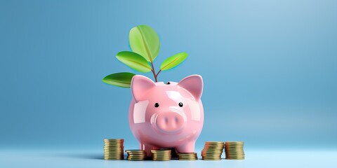 Pink pig piggy bank, a stack of gold coins and a green plant growing, isolated on blue background. Investment success, savings concept