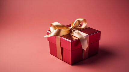 A red gift box with a gold ribbon on a pink background. The concept of holiday photography. Surprise for Valentine's Day, birthday, wedding. Copy space and front view, good focused. New Year concept.