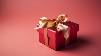 Obraz premium A red gift box with a gold ribbon on a pink background. The concept of holiday photography. Surprise for Valentine's Day, birthday, wedding. Copy space and front view, good focused. New Year concept.