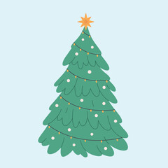 Christmas tree with garland and toys. Happy New Year and Merry Christmas. Vector illustration in flat style