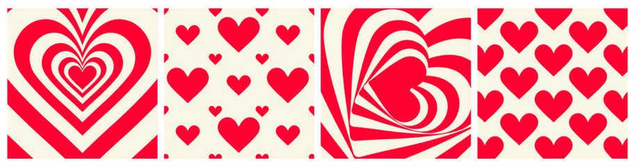 Happy Valentine's Day retro backgrounds with red hearts. Templates of greeting cards or posters in a groovy style. Vector illustrations in a y2k aesthetics.