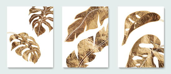 Fototapeta na wymiar Art set with tropical leaves of monstera and palm trees in golden color.