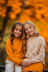 beautiful girls twin sisters on a walk in the park. children teenagers having fun in autumn