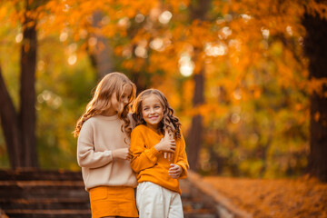 beautiful girls twin sisters on a walk in the park. children teenagers having fun in autumn