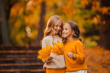 Fototapeta premium beautiful girls twin sisters on a walk in the park. children teenagers having fun in autumn
