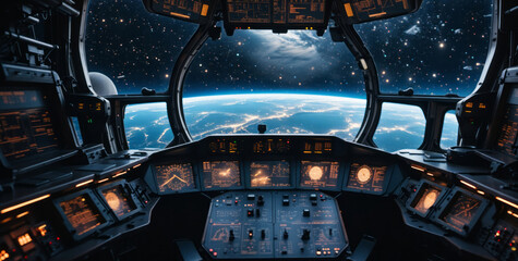 A view from a spaceship cockpit.