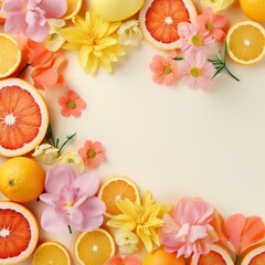 Creative arrangement of citrus fruits and fresh flowers, fresh colors, concept. spring background, greeting card
