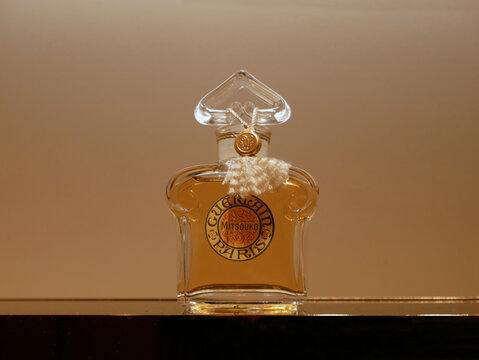 Christmas gifts : Bottles of Guerlain luxury perfumes for women.  The mythical chypre perfume for woman &ldquo;Mitsouko&rdquo; displayed in a shop in Paris