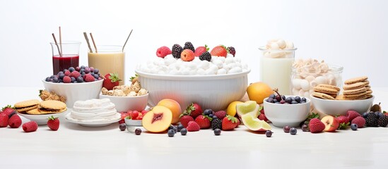 The background of the table is a clean white texture reflecting the concept of a healthy and energizing lifestyle The food presented on it includes nutritious and natural desserts suitable f