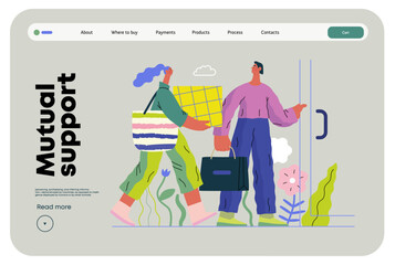 Mutual Support: Door Holding - modern flat vector concept illustration of woman carrying heavy box and man holding door for her. A metaphor of voluntary, collaborative exchanges of resource, services