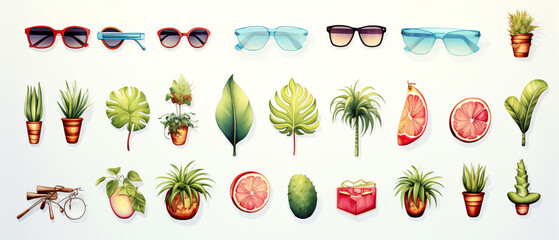 collection of various summer vibes icons on a white background made with AI