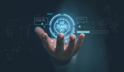 Ai technology concept, Businessman hand holding virtual graphic global internet connect with AI,...