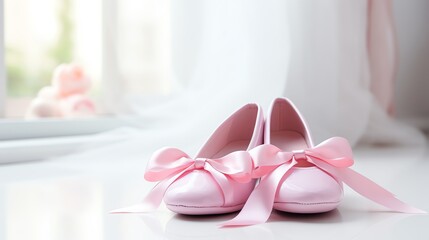 a pair of pink shoes with bows