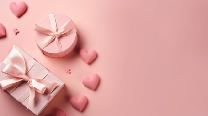 Top view of valentine's day decorations white giftbox with pink silk ribbon bow and small hearts on isolated pastel pink background with copyspace. The concept of holiday surprise for New Year.